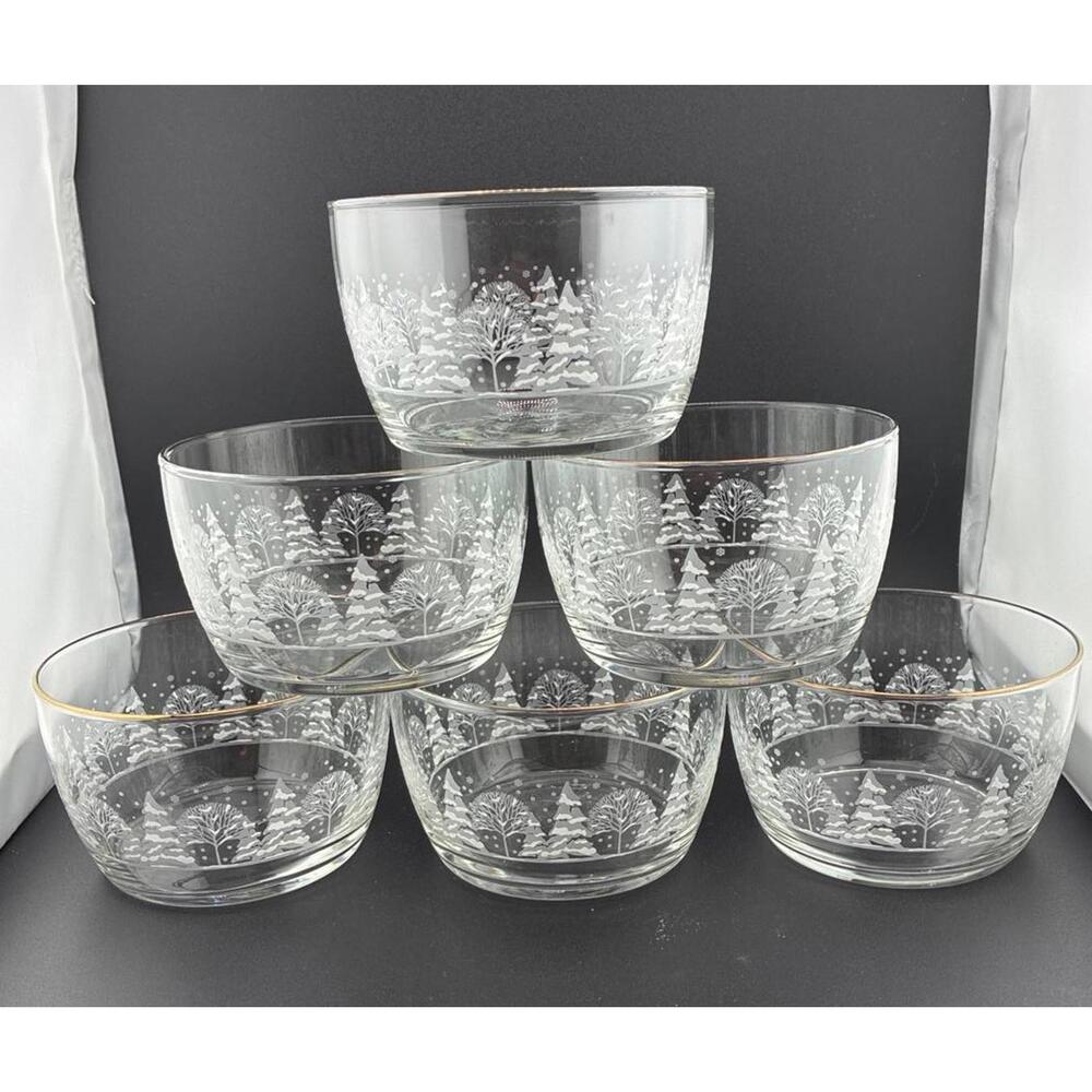 Set of 6 Libbey Dessert Fruit Snack Nut Salad bowls Holiday Frosty Pines Vintage